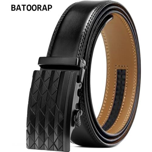BATOORAP Cool Black Mens Leather Trouser Belt Automatic Buckle Unique Designer Luxury Male Cowhide Business Waist Strap WL-E015