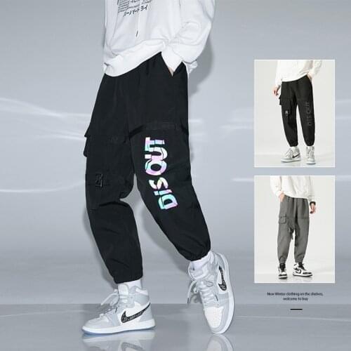 2021 New Men Reflect Light Plush Thickening Trousers Boys' Casual Overalls Student Loose Pants