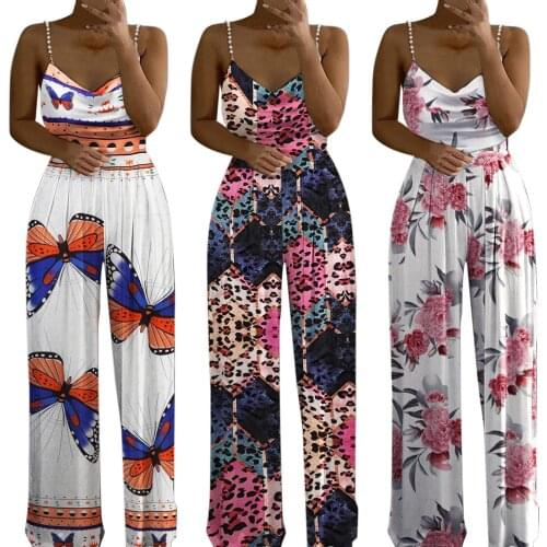 New Jumpsuits Women Flower Jumpsuit Autumn Sleeveless Sexy Printing Pearl Sling Top Wide Leg Pants Jumpsuit комбинезоны женские
