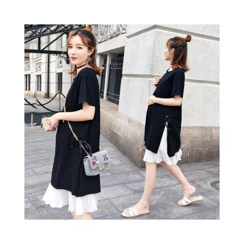 Maternity clothing summer new round neck fashion mid-length solid color stripes stitching chiffon pleated maternity dress
