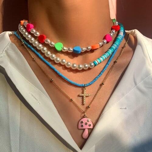Korean Trendy Imitation Pearls Cross Mushroom Beads Necklace For Women Rainbow Heart Acrylic Beaded Choker Necklace 2021 Jewelry