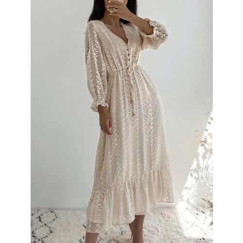 Aachoae Women Sweet Lace Embroidery Midi Dress With Sashes V Neck Butterfly Sleeve Buttons Dresses Female Elegant A Line Dresses