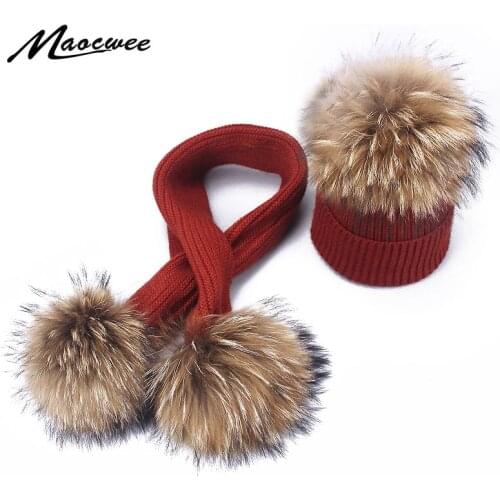 Winter Baby Knit Hat and Scarf Set With Real Fur Pompoms For Girls Boys Outdoor Warm Beanie Knitted Natural Poms Children Beanie