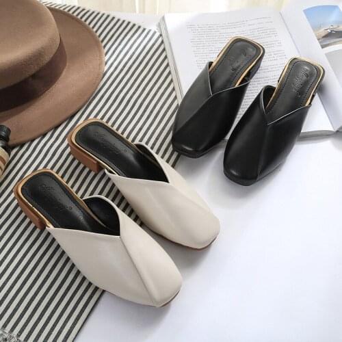 New Women Summer Slippers Lady Office Slides Fashion Female Low Heel Sandals Outdoor Mules Pu Leather Elegant Casual Woman Shoes