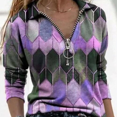 V-Neck Zip Up Sweatshirts Fashion Women Lapel Geometric Print Hoodies Casual Long Fashion Sleeve Jumper Top Female Zipper B Q8A3
