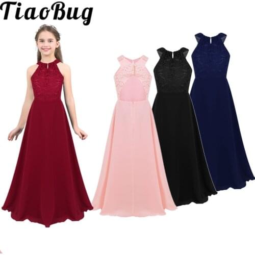 TiaoBug Kids Girls Chiffon Sleeveless Lace Cutout Back Flower Princess Dress For Pageant Wedding Bridesmaid Birthday Party