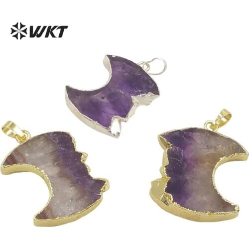 WT-P1714 Newest fashon gold trim slice Brazil Amethyst moon pendant women Energy natural stone carved jewelry pendant