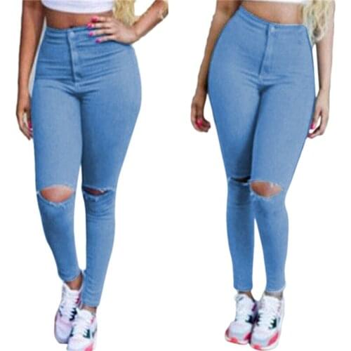 Ladies Fashion High Waist Pencil Pants Stretch Broken Hole Jeans Pants With Zipper Women Sexy Denim Skinny Trousers For Female