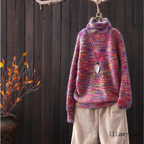 2021 Spring Autumn New Womens Color Knitted Pullover Loose Lazy Wind Turtleneck Long Sleeve Mohair Sweater Female Top Mujer M541