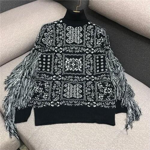 Retro Pattern Fringe Sweater Woman Turtle-Neck Jacquard Lazy Knit Top Ladies High Street Jumper Coat
