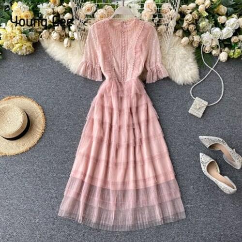 Young Gee Runway Pearls Pink Mesh Midi Dress Women Short Flare Sleeve Chic Elegant O-neck Sweet Lace Cake Dresses Vestidos