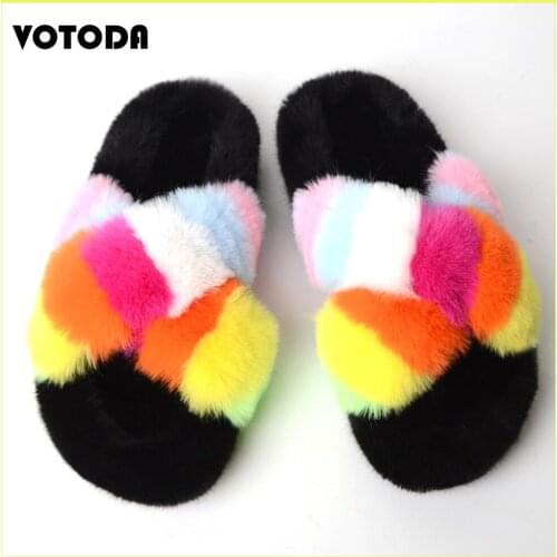 Winter Full-Cover Fur Slippers Female Fluffy Faux Fur Slides Furry Rainbow Cross Cotton Shoes Fashion Warm Cute Women Flip Flops