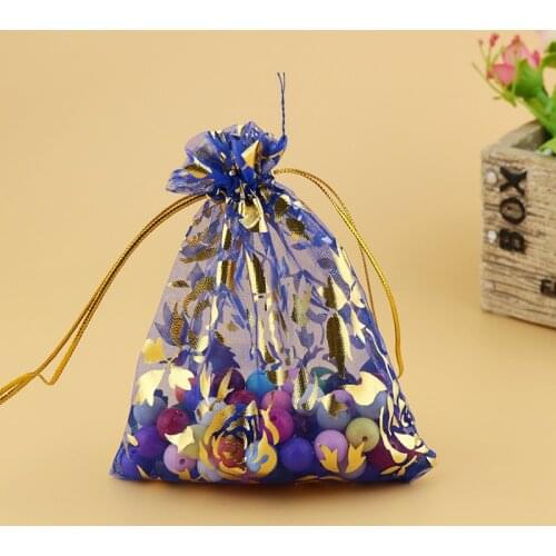 13x18cm Royal Blue Jewelry Package With Gold Rose Print Drawstring Jewelry Bags Drawstring Pouches Organza Bags 200pcs/lot