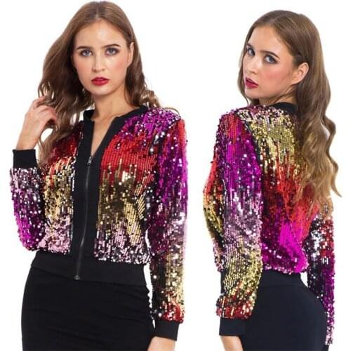 2020 Long Sleeve Sequin Jacket Womens Sparkly Bomber Jacket Long Sleeve Zipper Glitter Streetwear Fashion Club Jackets Coat