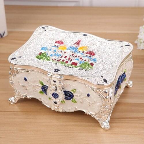European Shiny Silver Plating White with Color Hand Enameled Castle Design Rectangle Footed Metal Alloy Jewelry Trinket Box