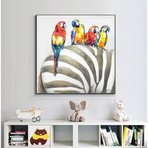 Hand Painted Canvas Paintings Handmade Parrot And Zebra Animal Oil Painting On Canvas Wall Pictures For Living Room Home Decor