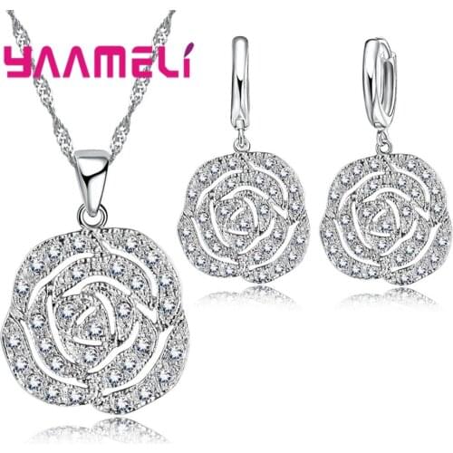 Hollow Rose Design Fashion 925 Sterling Silver Crystal Jewelry Sets Pendant Earrings And Necklace High Quality
