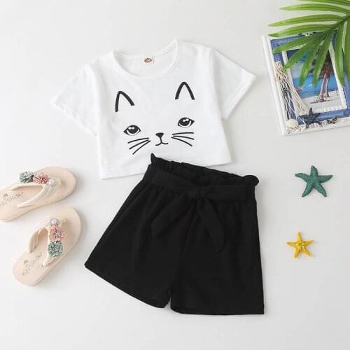 2 Pieces Cotton Girls Clothing Sets Summer Tee Shirt Children Sets Kids Cat Cartoon Clothes Suit Shorts Outfits 3-7T