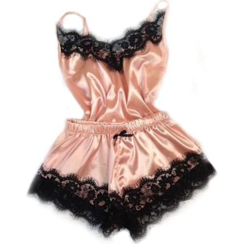 Summer Sexy Pijama Mujer WOMENS Lingerie Silk Fabric Large Size Sleeveless Homewear Two Piece Set Lace Pajama Shorts Pyjamas