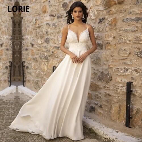 LORIE Vintage Wedding Dresses Spaghetti Strap Applique Lace Chiffon Boho Wedding Gown Beach Bride Dress Trouwjurk Hochzeitskleid