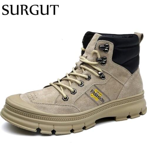 SURGUT Handmade Ankle Boots Working Boots Men Luxury Italian Brand Winter Fur Wear Resistant Boots Lace-Up Men Casual Shoes