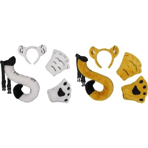 N7MF Plush Tiger Ear Headband Tail Paw Gloves Set Handmade Animal Furry Hair Hoop