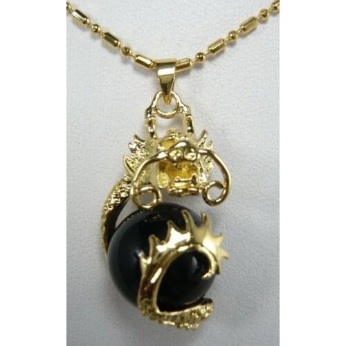 Wholesale Chinese fancy design 18kgp dragon inlay 12mm black Natural Stone pendant jewelry 10