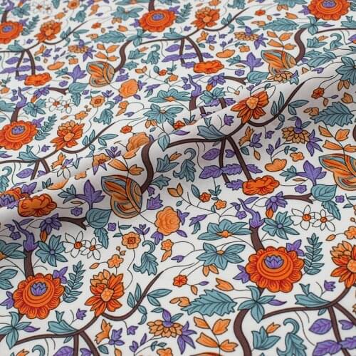 Orange Flowers And Vines Pure Cotton Fabric For Dress Tissus Au MÈTre Telas Algodon Estampadas Sewing Ткань Для Шитья Vestidos