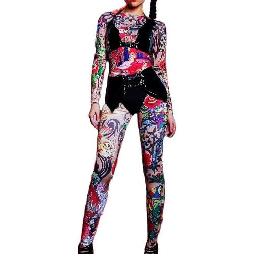Personality Long Sleeve Tattoo Print Nude Jumpsuits Coat Of Paint Bra Shorts Three Pieces Set Nightclub Pole Dancing Costumes