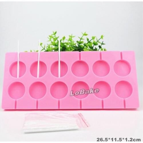 Latest 12 cavities dia. 3.5cm round shape silicone lollipop candy chocolate fondant pop baking mold with 20 pcs sticks