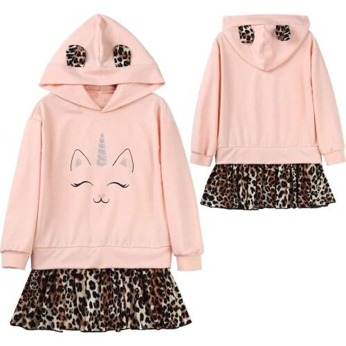 Kids Girls Casual Dress Hooded Hoodie Long Sleeves Cute Bear Ear Cartoon Animal Print Sweatshirt Leopard Printed Ruffle Hem Tops