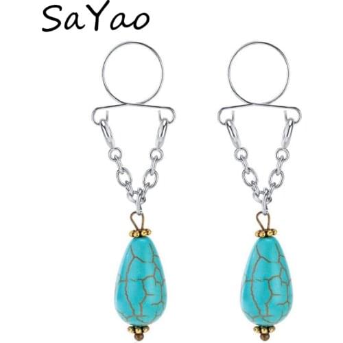 SaYao 2 Piece 2018 Waterdrop Fake Nipple Rings Love Blue Beads CIRCLE STAINLESS STEEL CLIP ON NON PIERCING NIPPLE SHIELD RINGS