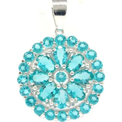 34x24mm Anniversary Round Shape Created Rich Blue Aquamarine Gift For Womans Silver Pendant