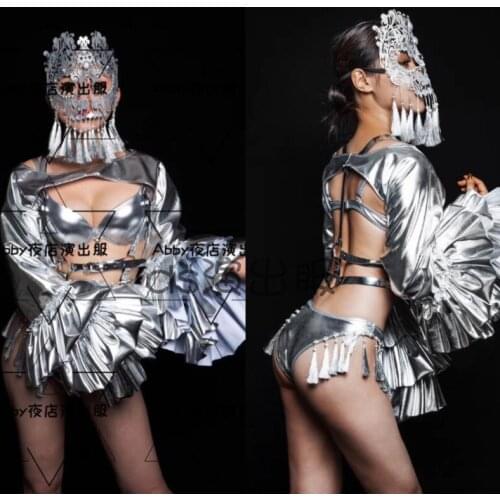 Technology Space Silver Mask Bikini Suit DJ Female Singer Stage Performance Costume Sexy Nightclub Bar Halloween Clothes DWY4201