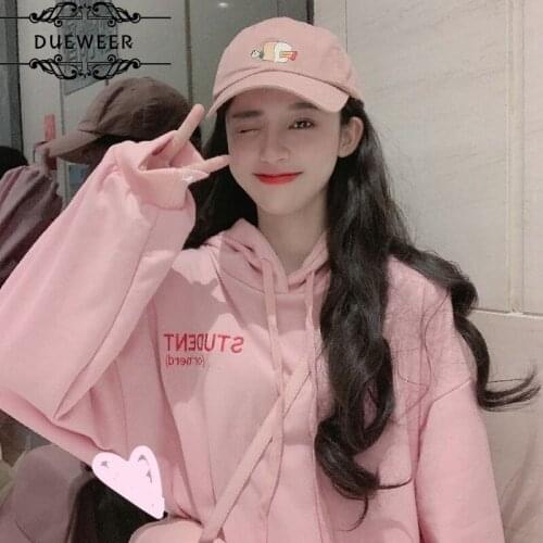 DUEWEER Hoodies Women Hooded Embroidery Plus Velvet Thicker Harajuku Loose Chic Korean Style Trendy Simple All-match Streetwear