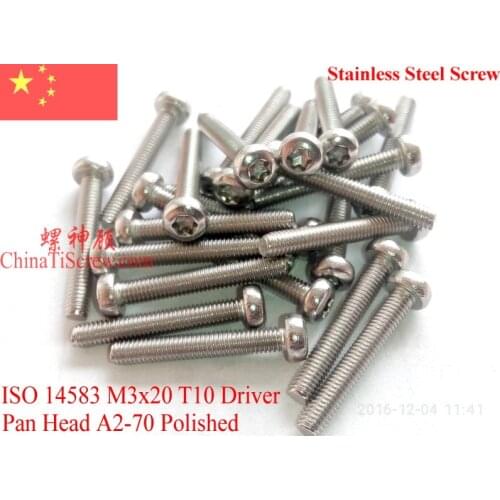 ISO 14583 Stainless Steel screws M3x20 Torx T10 Driver Pan Head A2-70 Polished ROHS 100 pcs