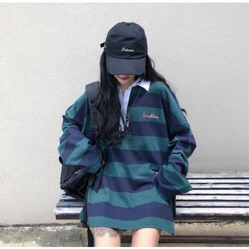 New Womens Retro Embroidered Alphabet Student Loose Striped Long Sleeve T-shirt