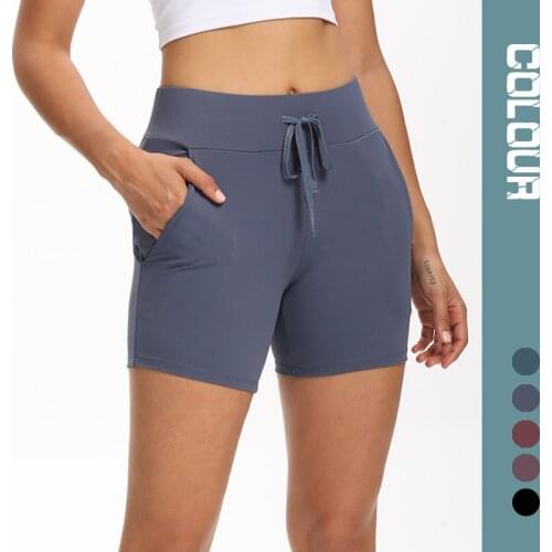 Women‘s Gym Shorts Color High Waist Elastic Straps Shorts Women Stretch Training Pocket Fitness Workout Yoga Shorts -40