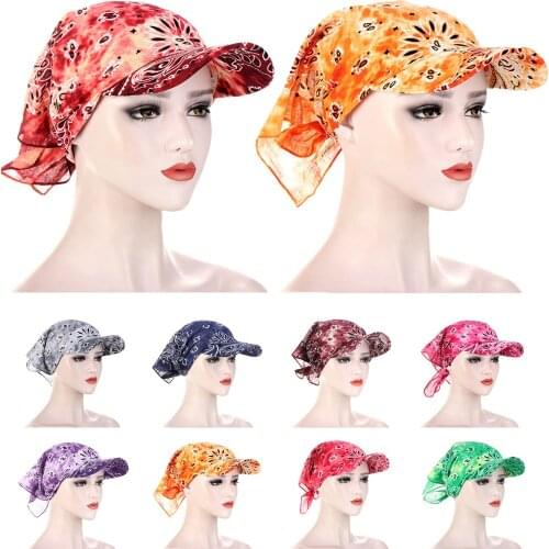 Women Cotton Head Scarf Visor Hat with Wide Brim Sunhat Summer Beach Uv Protection Sun Hats Female Casual Printed Headband Cap