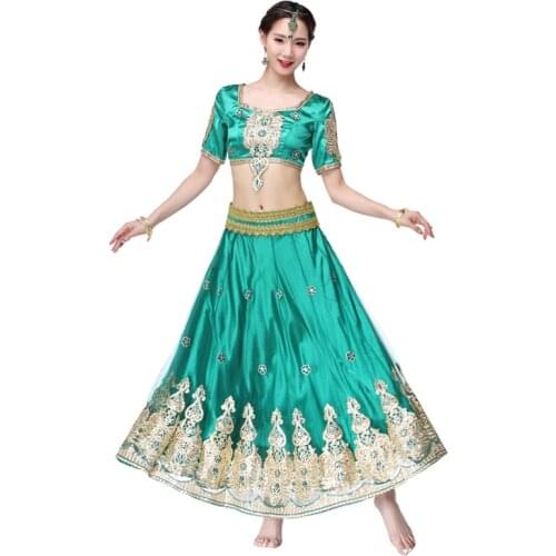Halloween Dancewear Women Belly Dance Indian Dance Outfits Organza Embroidered Coins Bollywood Costume 3pcs Set (Top+Belt+Skirt)