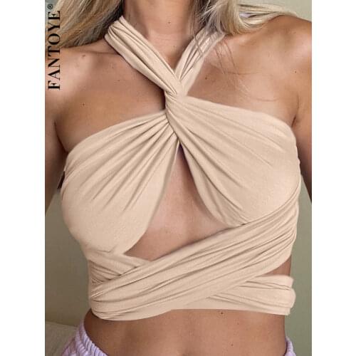 Fantoye Sexy Bandage Crop Top Camis Women 2021 Summer New Solid Strapless Cross-up Tank Tops Femme Partywear Fashion Hot Cropped