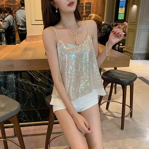 2019 Summer Solid Sling Pop New Sexy Sling Trim V Collar Gold Sequins Vest Female Sexy Sleeveless Slim See Through Camisole
