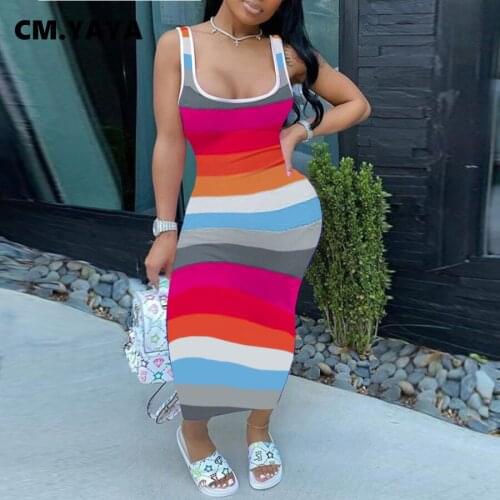CM.YAYA Women Long Dress Striped Sleeveless O-neck Strechy Bodycon Maxi Dresses Sexy Fashion Vestidos Summer Outfits 2021