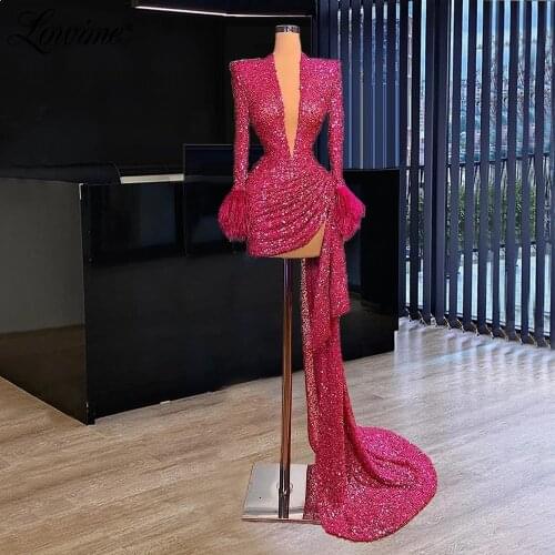 Deep V Neck Long Sleeves Beading Party Gowns For Weddings 2021 Celebrity Dresses Short Prom Dress Kaftans Dubai Evening Dress