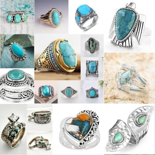 Bohemian Large Oval Natural Stone Rings For Women Men Vintage Dual Color Blue Beads Turquoises Finger Rings Party Jewelry