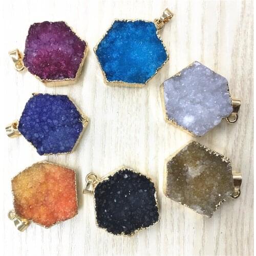 Druzys From Drusy Natural Stone Hexagon Pendants&necklace Black Yellow White Agates Vintage Gold for Women Jewelry Making 6pcs