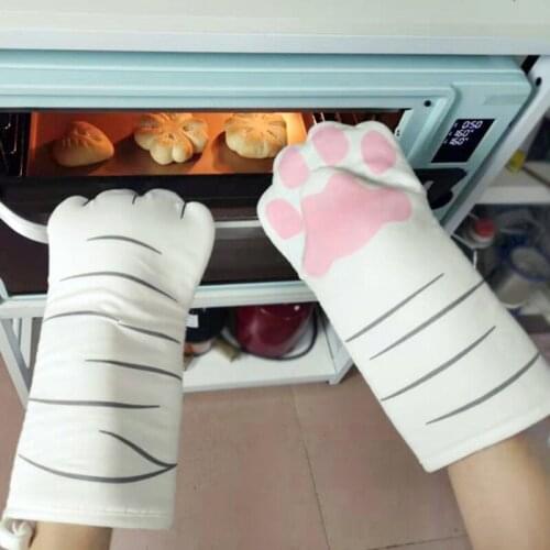 3D Cat Paws Oven Mitts Cotton Microwave Heat Resistant Non-slip Kitchen Gloves Cartoon Animal Long Baking Insulation Gloves