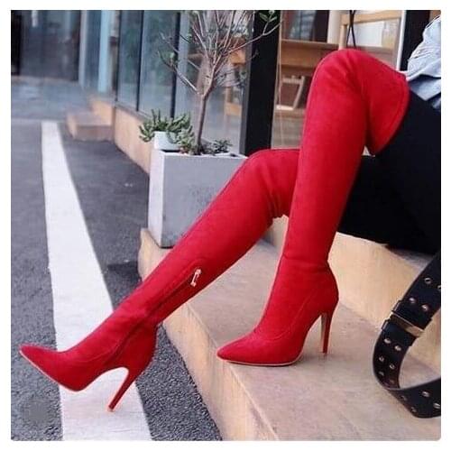 Red Women High Boots Pointed Toe Stretch Slim Fit Thigh High Stiletto Boots Side Zipper Plus Size 10 Over The Knee Boots Womens