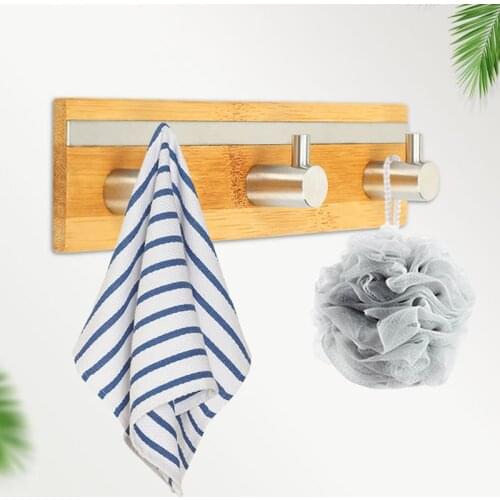 Natural Bamboo Stainless Steel Hook Self Adhesive Hooks Wall Clothes Bag Headphone Key Hanger Kitchen Bathroom Towel Shelf