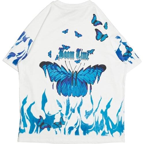 Hip Hop Butterfly Flame T Shirt Men Streetwear 100% Cotton Harajuku Sweatshirt Oversize O-neck Tshirt Tops Tee Male T-shirt